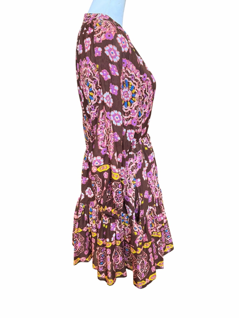 Cleobella Elvia Mini Dress Size Small Brown Cotton Boho Peasant Puff Sleeves - Picture 3 of 13